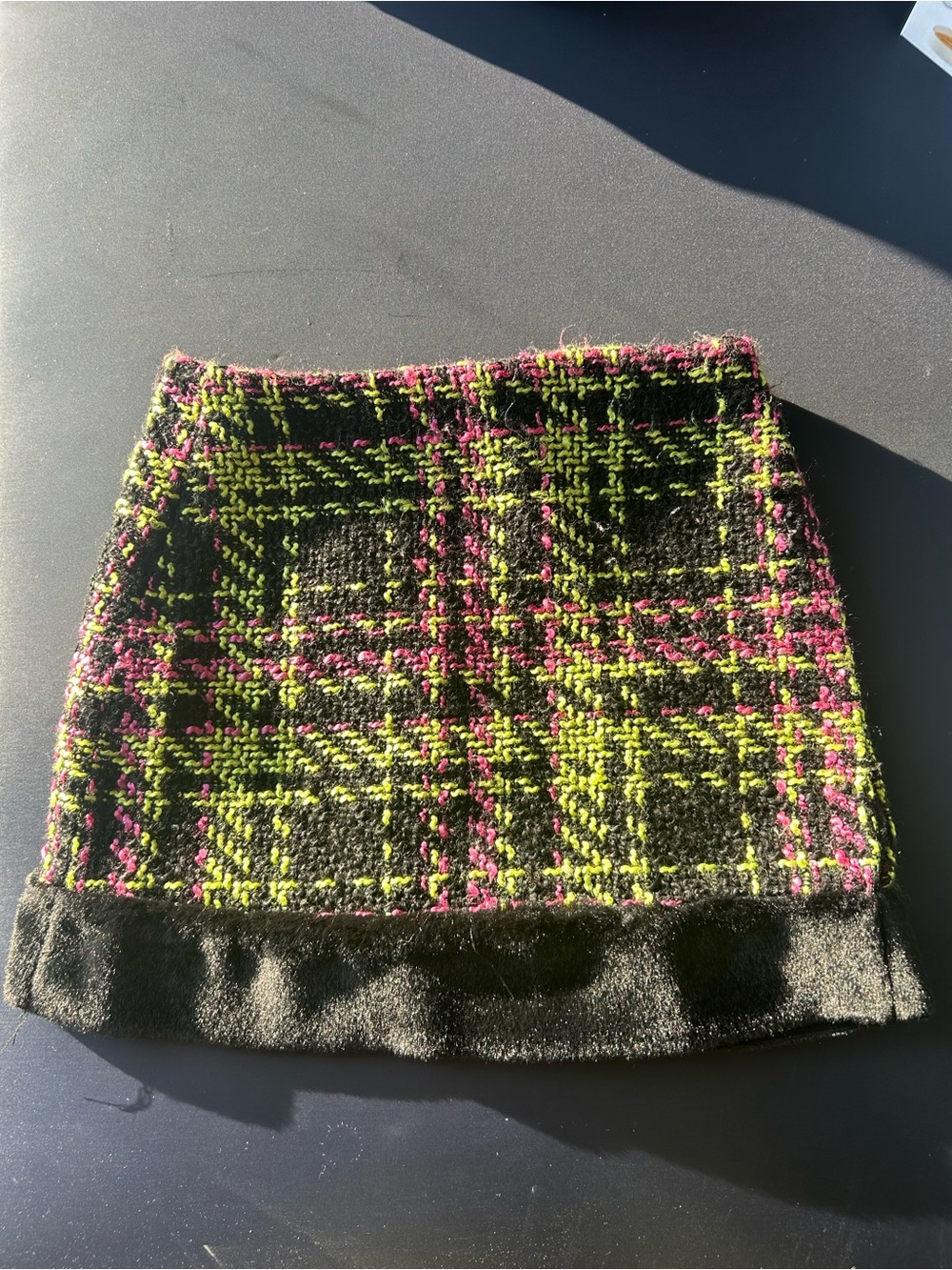 Neon Plaid Tweed Mini Skirt in Black with Pink & Yellow Accents